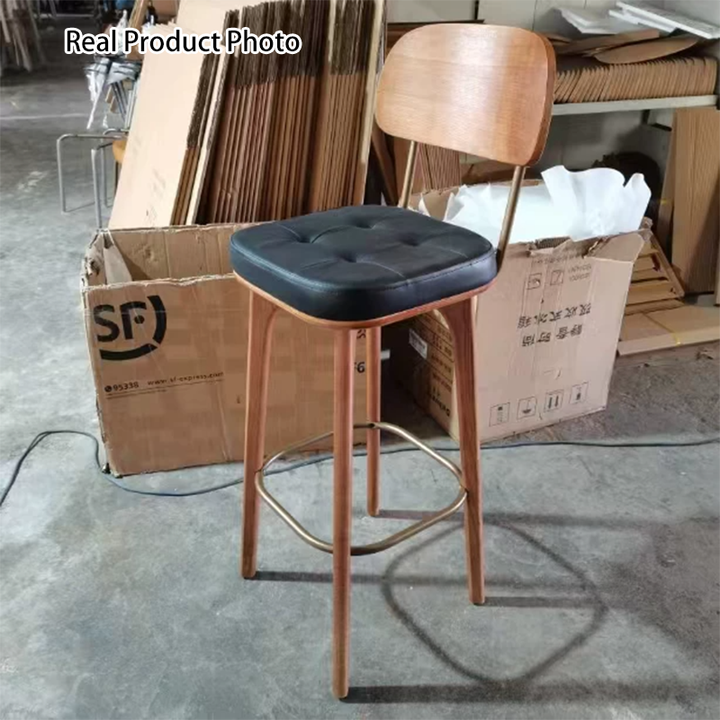 Tabouret de bar carré contemporain en bois massif et similicuir avec dossier et repose-pieds pour cuisine et bar 