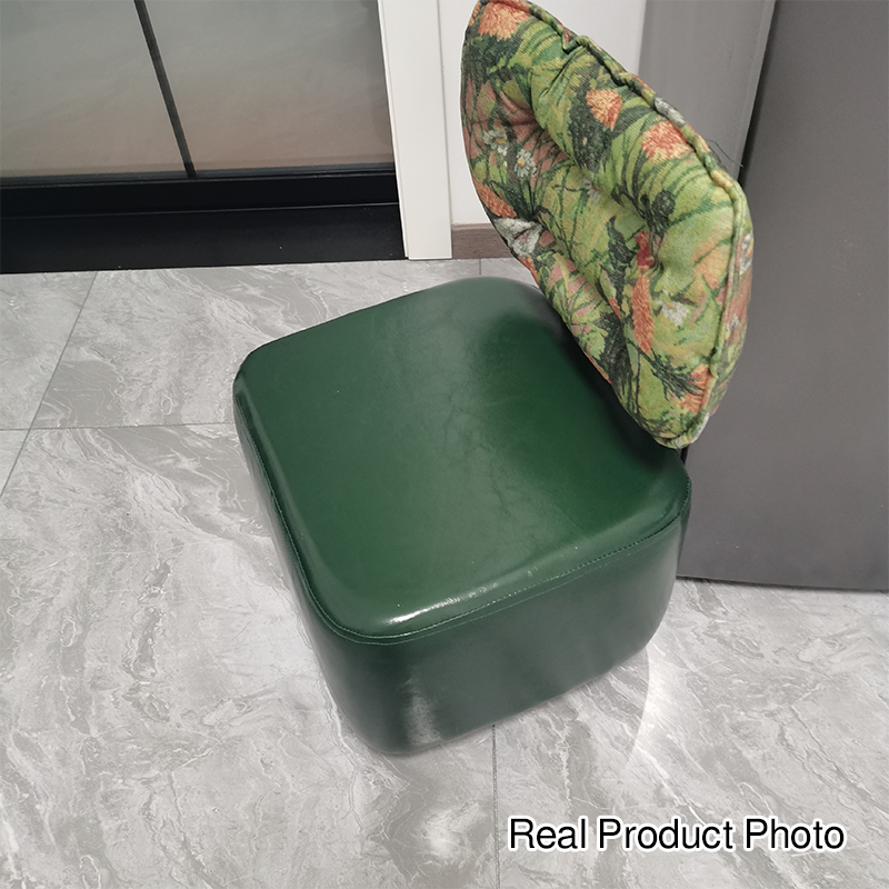 Modern Mid-Century Faux Oil Wax Leather &amp; Linen Metal Rounded Square Low Stool With Backrest And Mobility For Living Room