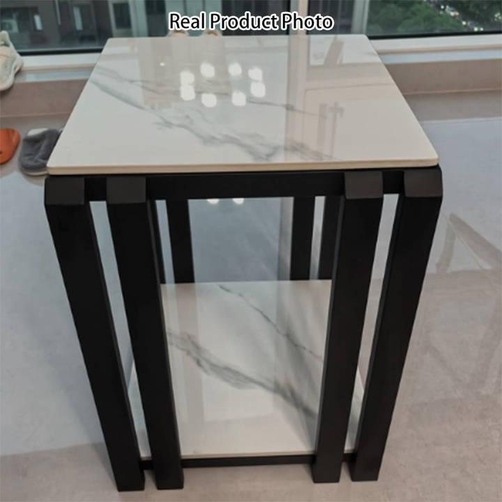 Contemporary Nordic Slab And Metal Square Side Table With 2 Tiers For Living Room