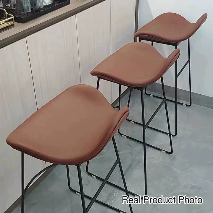 Contemporary Scandinavian Cat Scratch Leather Iron Triangle Bar Stool With Backrest And Footrest For Kitchen &amp; Bar