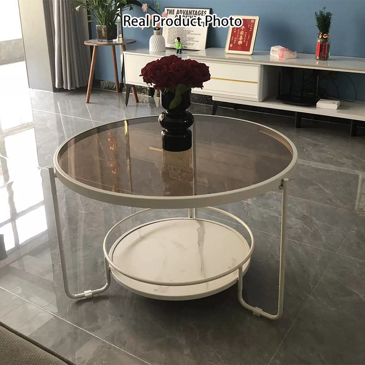 Contemporary Nordic Glass Eco-Friendly Engineered Wood Iron Round Coffee Table With 2 Tiers Storage For Living Room