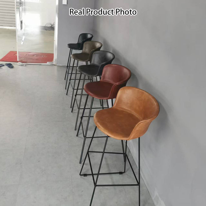 Tabouret de bar contemporain rétro carré en cuir de selle en acier inoxydable avec dossier et repose-pieds pour salle à manger 