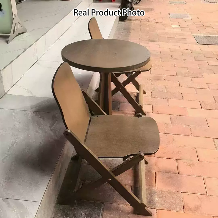 Zeitgenössisches Retro-Massivholz-Sperrholz- und Eisen-Rund-Quadrat-Couchtisch- und Stuhlset für Balkon und Wohnzimmer 