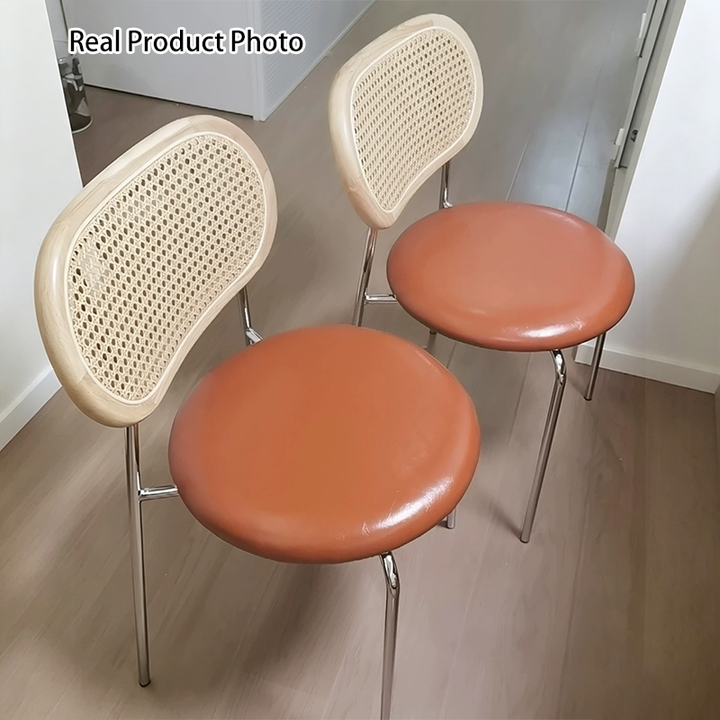 Contemporary Vintage Round Rectangular Rubberwood Plywood Iron Faux Leather PE Rattan Dining Chair Backrest For Dining Room