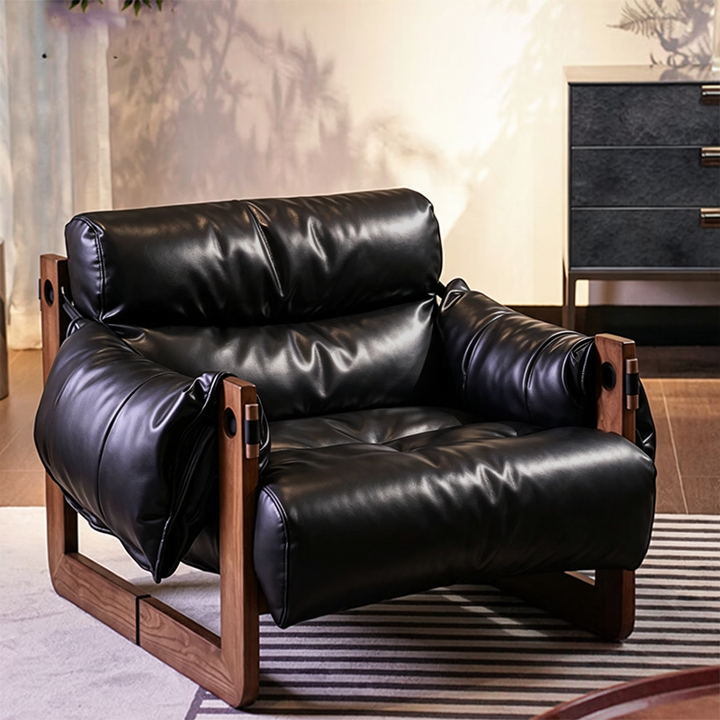 Traditional Vintage Rectangular Rubberwood Faux Oil Wax Leather Accent Chair Backrest Armrest For Living Room