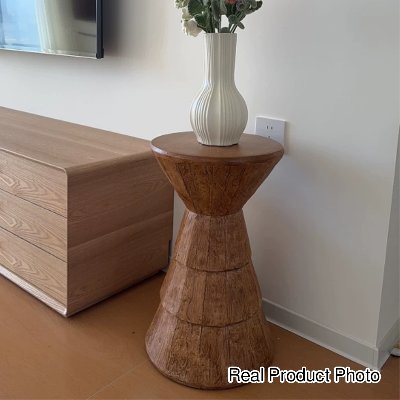 Traditional Farmhouse Magnesium Oxide Round Stump Side Table With Wood Grain Texture For Living Room And Bedroom