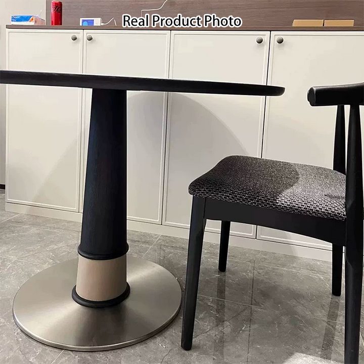 Contemporary Retro Ash Wood Slab Leather Stainless Steel Round Dining Table &amp; Chair Set For 2-6 Seats