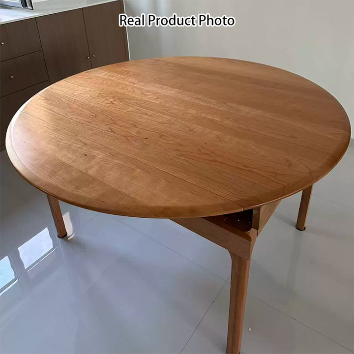 Contemporary Nordic Cherry Wood Round Extendable Dining Table With Foldable Design For 4/6/8 Seats