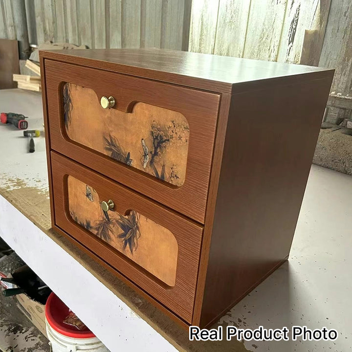 Table de chevet rectangulaire en bois massif chinois traditionnel et soie avec papillon, avec 2 tiroirs pour chambre ou salon 