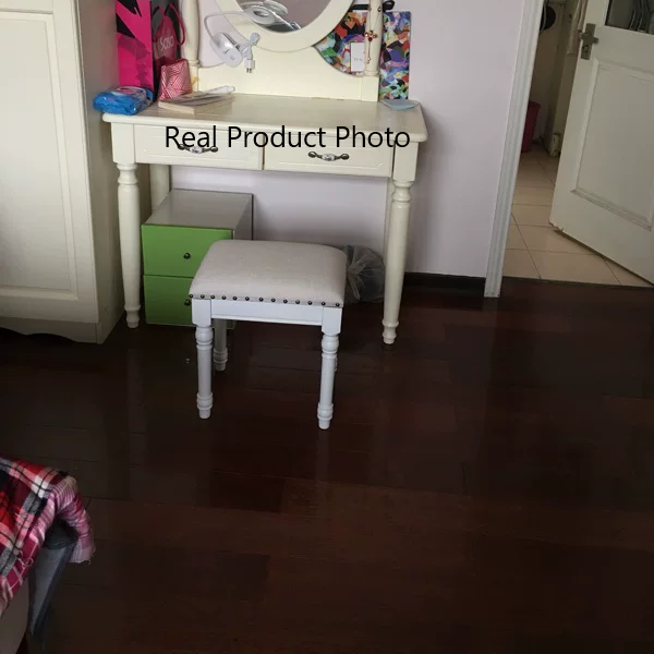 Tabouret de coiffeuse sans dossier ni accoudoirs en bois massif, cuir synthétique et lin carré scandinave contemporain pour chambre 