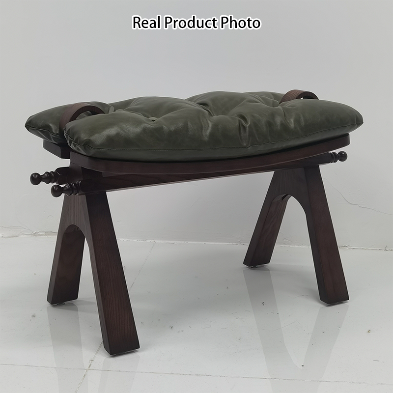 Contemporary Retro Top Grain Leather Curved Rectangular Low Stool With Solid Wood Base For Bedroom &amp; Living Room
