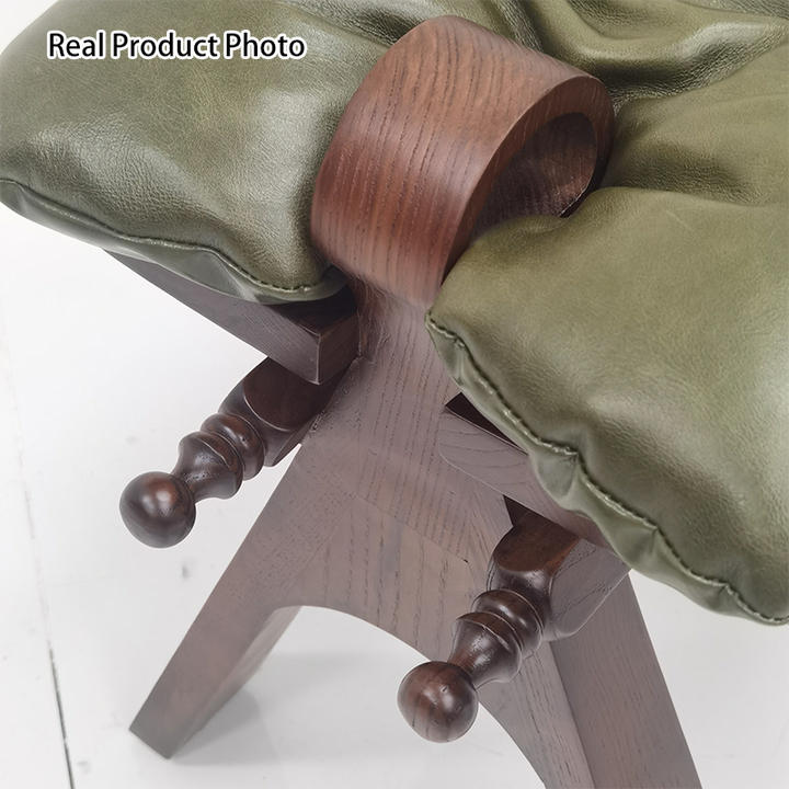 Contemporary Retro Top Grain Leather Curved Rectangular Low Stool With Solid Wood Base For Bedroom &amp; Living Room