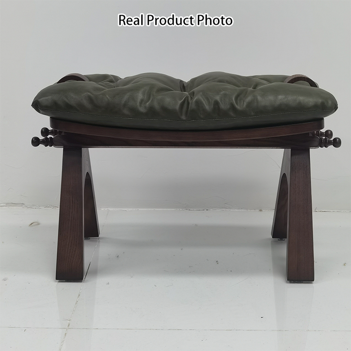 Contemporary Retro Top Grain Leather Curved Rectangular Low Stool With Solid Wood Base For Bedroom &amp; Living Room