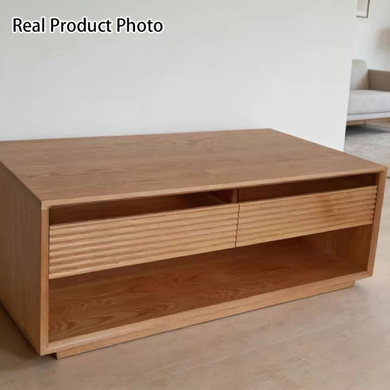 Contemporary Nordic Pine Wood Cherry Wood Fir Wood Plywood Glass Rectangular Coffee Table With 2-Drawers &amp; 2-Cabinets For Living Room