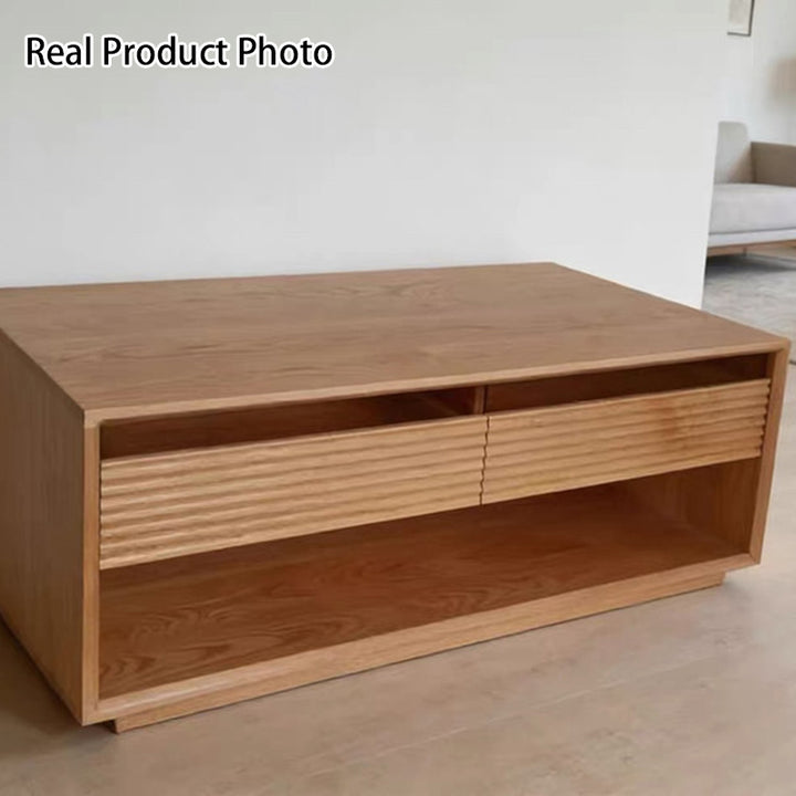 Contemporary Nordic Pine Wood Cherry Wood Fir Wood Plywood Glass Rectangular Coffee Table With 2-Drawers &amp; 2-Cabinets For Living Room
