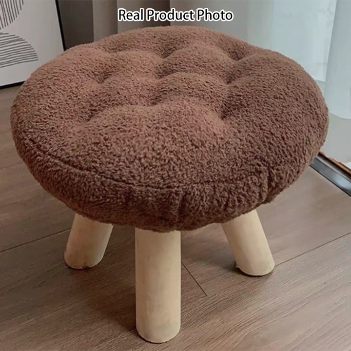 Taburete bajo redondo tipo cookie de madera y tela sherpa de estilo escandinavo contemporáneo con diseño apilable para sala de estar 