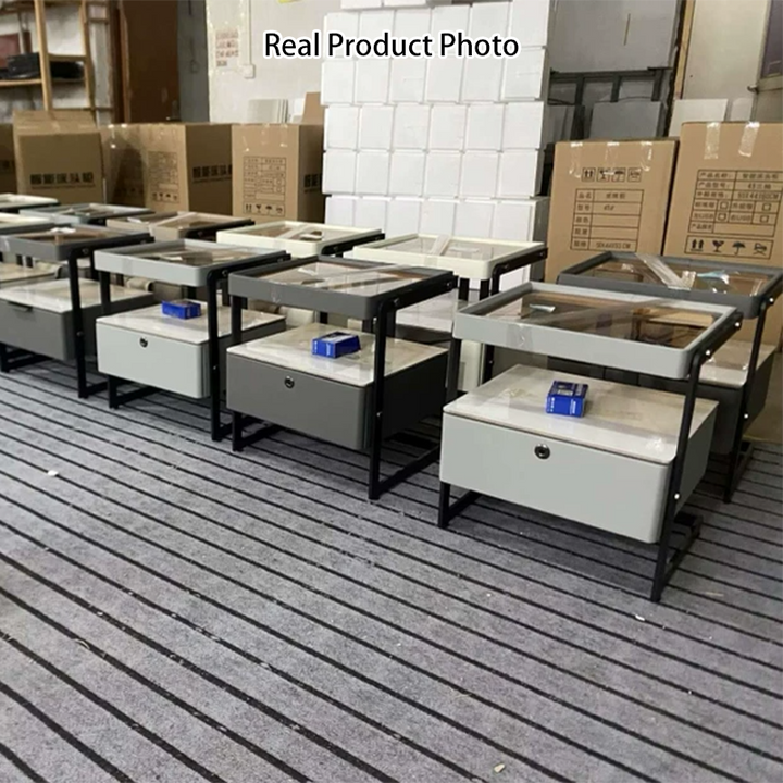 Zeitgenössischer nordischer rechteckiger verstärkter Glaslederplatte Eisenholz Nachttisch mit 1 Schublade für das Schlafzimmer 