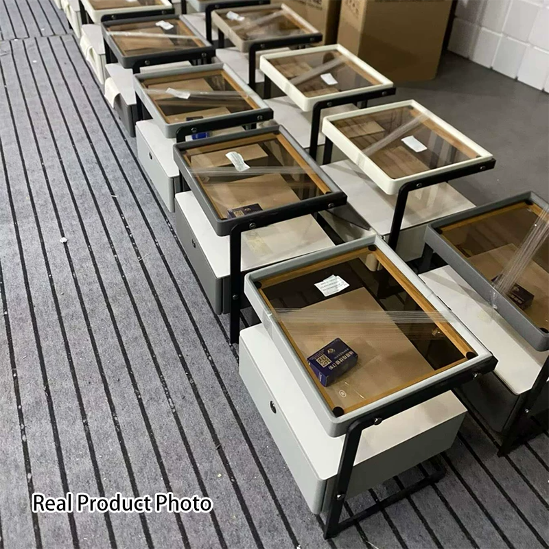 Zeitgenössischer nordischer rechteckiger verstärkter Glaslederplatte Eisenholz Nachttisch mit 1 Schublade für das Schlafzimmer 