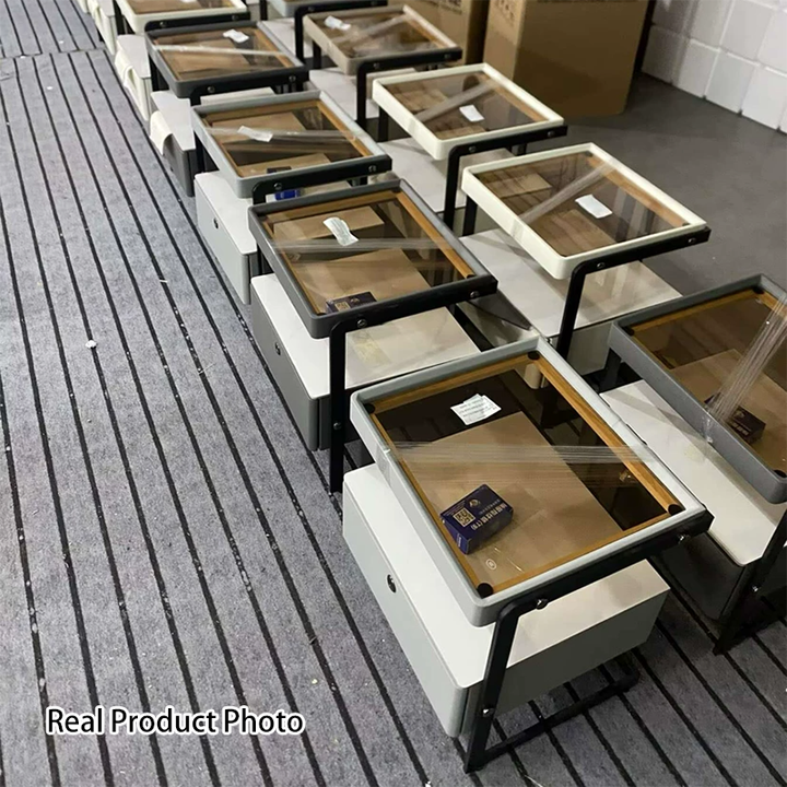 Zeitgenössischer nordischer rechteckiger verstärkter Glaslederplatte Eisenholz Nachttisch mit 1 Schublade für das Schlafzimmer 