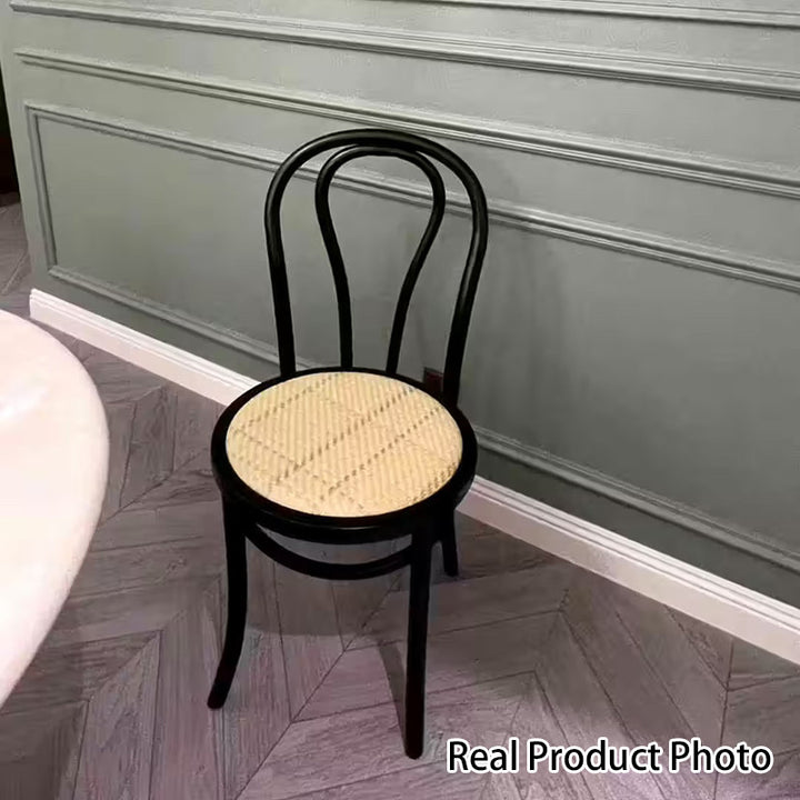 Contemporary Retro Faux Rattan Rubberwood Round Arched Dining Chair Backrest For Dining Room