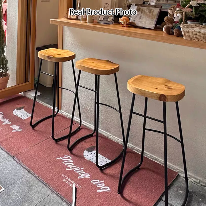 Contemporary Nordic Pine Wood Iron Round Bar Stool Backless Footrest For Dining Room