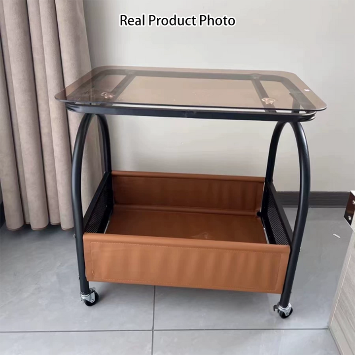Table basse rectangulaire minimaliste moderne en fer, similicuir, verre amovible avec 1 rangement pour salon 