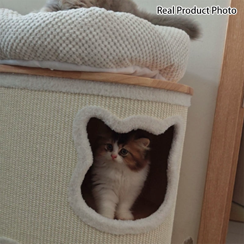Modern Minimalist Elliptical Cylinder Plywood Rubberwood Sisal Integrated Cat Bed &amp; Cat Tower 2/3-Hole For Living Room