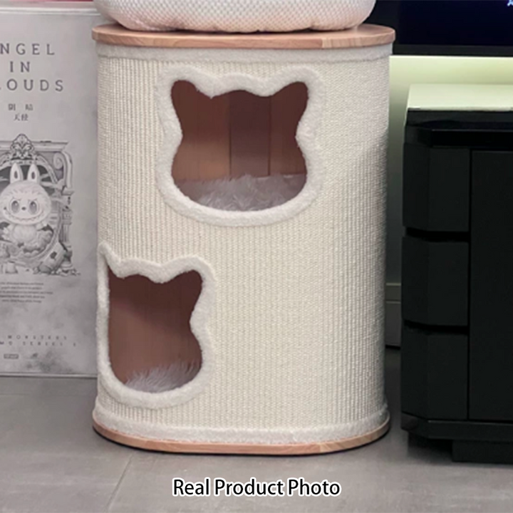 Modern Minimalist Elliptical Cylinder Plywood Rubberwood Sisal Integrated Cat Bed &amp; Cat Tower 2/3-Hole For Living Room
