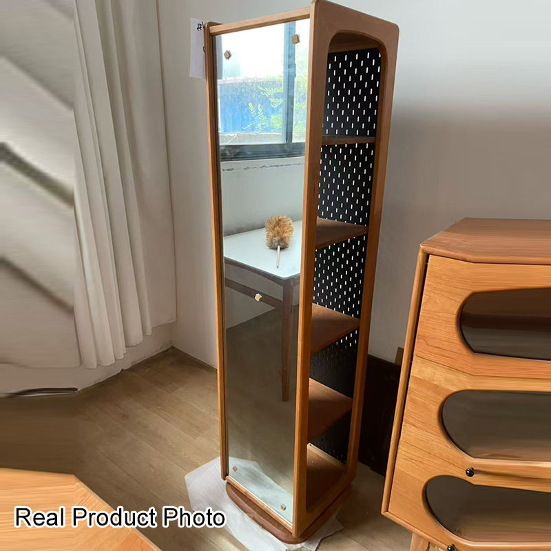 Contemporary Nordic Cherry Wood Aluminum Plywood Square Display Rack 5-Tier Swivel Full-Length Mirror Side Pegboard Storage For Living Room