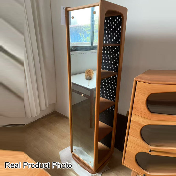 Contemporary Nordic Cherry Wood Aluminum Plywood Square Display Rack 5-Tier Swivel Full-Length Mirror Side Pegboard Storage For Living Room
