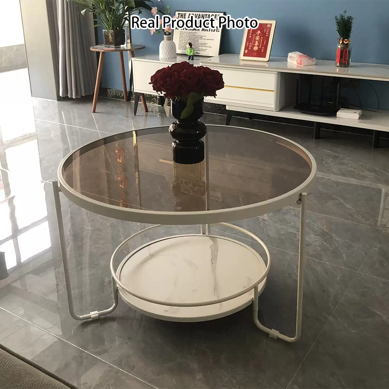 Modern Minimalist Round Iron Eco-Friendly Engineered Wood Glass Coffee Table 2-Tier for Living Room