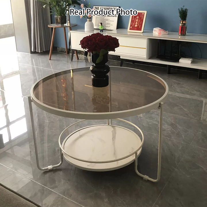 Modern Minimalist Round Iron Eco-Friendly Engineered Wood Glass Coffee Table 2-Tier for Living Room