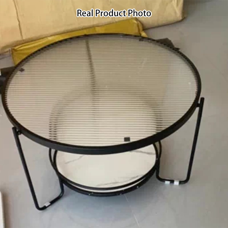 Modern Minimalist Round Iron Eco-Friendly Engineered Wood Glass Coffee Table 2-Tier for Living Room