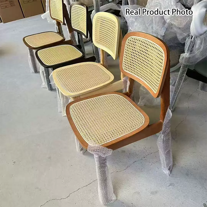 Silla de comedor rectangular minimalista moderna de caucho y ratán trenzado, sin reposabrazos, para comedor 