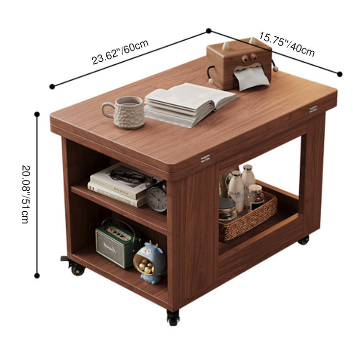 Moderner minimalistischer, beweglicher, rechteckiger, faltbarer Kaffeetisch aus Gummibaumholz mit 2 Ebenen für das Wohnzimmer 