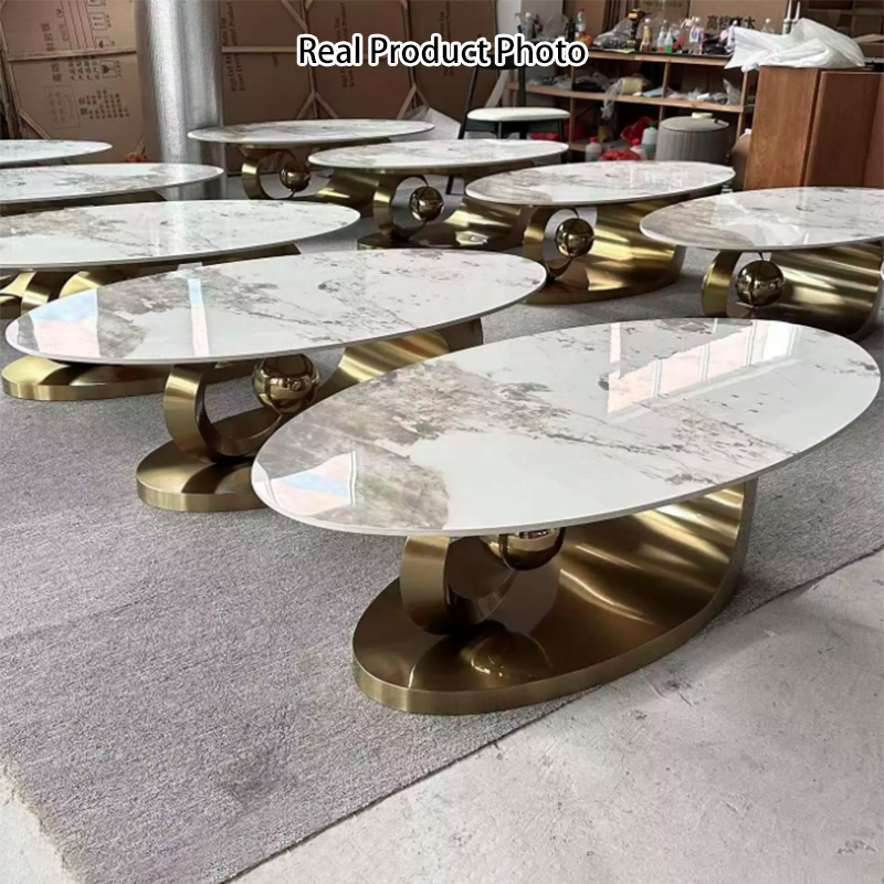 Moderner luxuriöser Couchtisch mit ovaler Steinplatte und kreativem Ed – BulbSquare