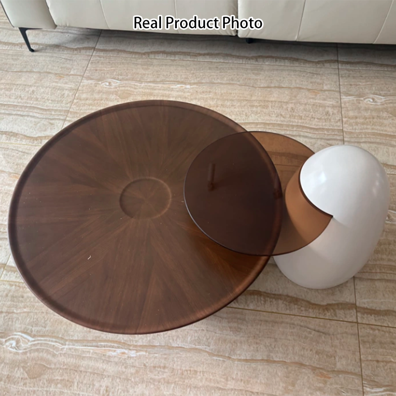 Modern Luxury Round Stainless Steel Medium-Density Fiberboard Fiberglass Tempered Glass Coffee Table Set 1-Tier For Living Room