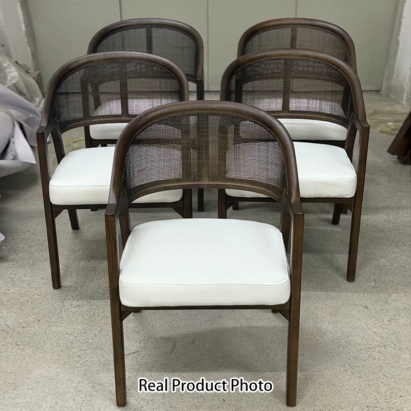 Traditional Japanese Square Ash Wood Rattan Cotton Linen Backrest Armrest Dining Chair For Dining Room