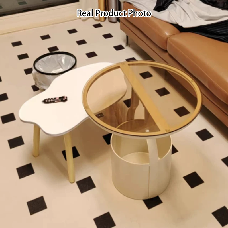 Moderner minimalistischer runder Felsplatte Glas Eisen Beistelltisch 1-Korb für Wohnzimmer 
