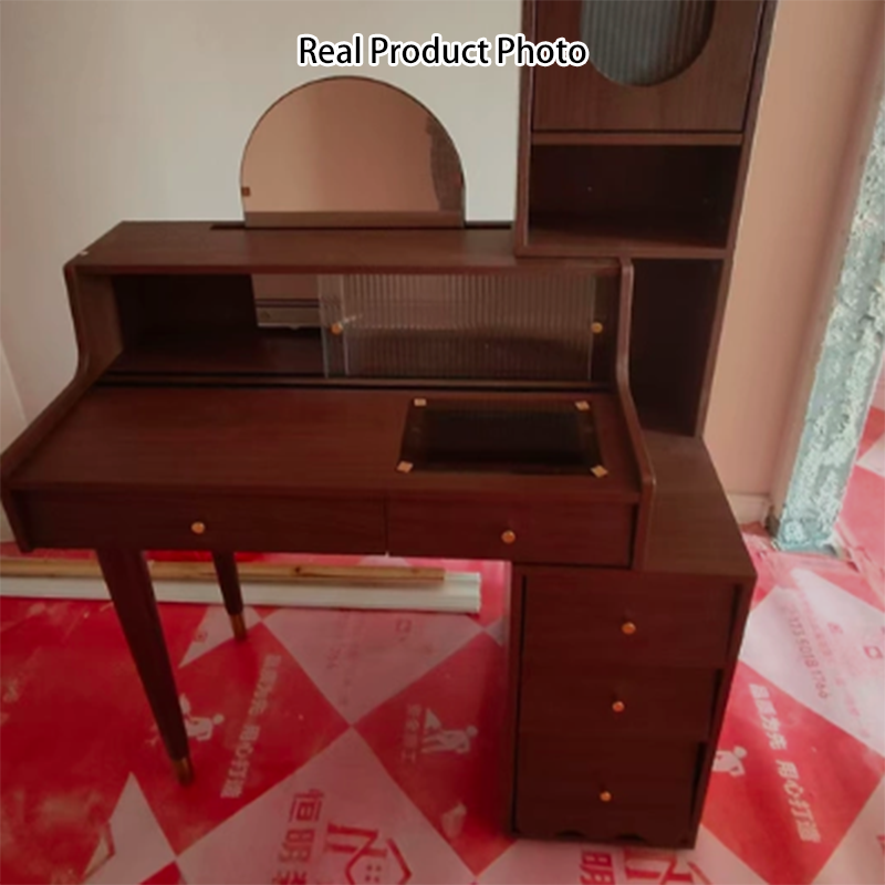 Contemporary Nordic Rectangular Plywood Rubberwood Acrylic Tempered Glass Extendable Makeup Vanity 5-Drawer For Bedroom