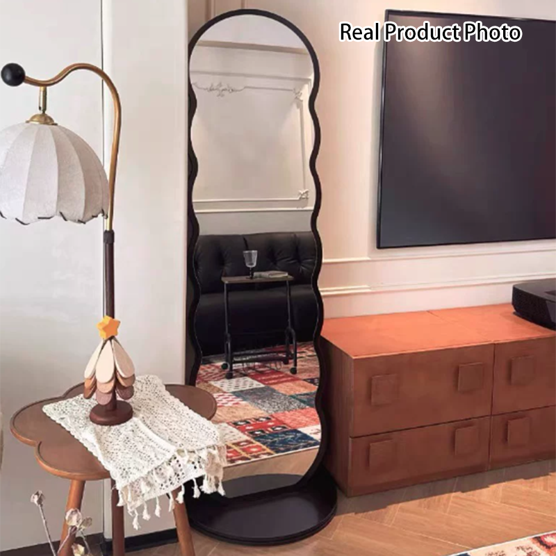 Moderner minimalistischer ovaler, runder, wellenförmiger, rotierbarer Ganzkörperspiegel aus mitteldichter Faserplatte und Glas mit 2 Ebenen für das Schlafzimmer 