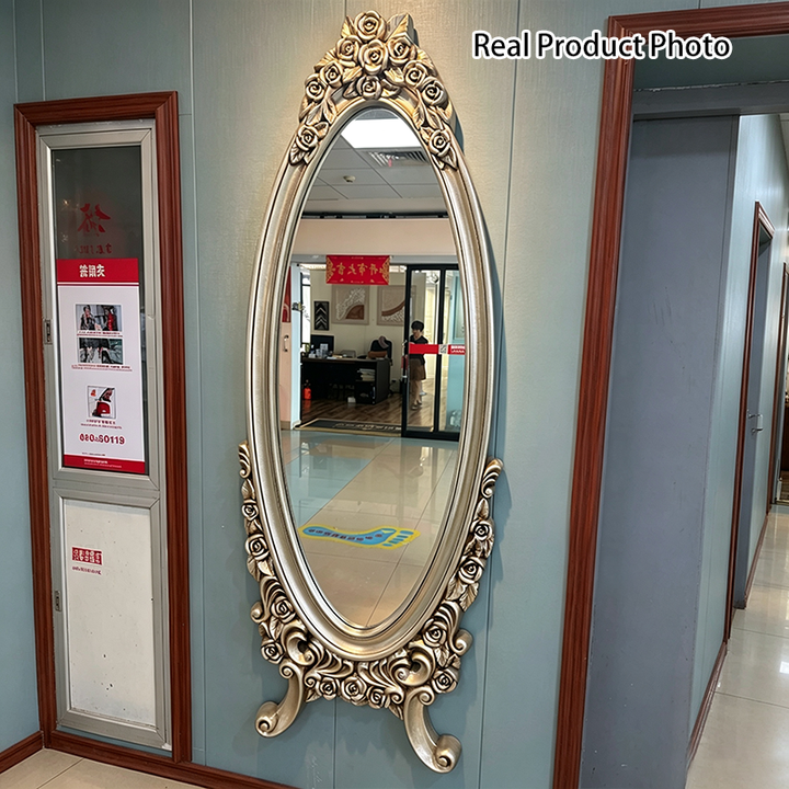 Miroir pleine longueur en verre flotté à cadre ovale européen traditionnel en PU imitation bois pour chambre à coucher 