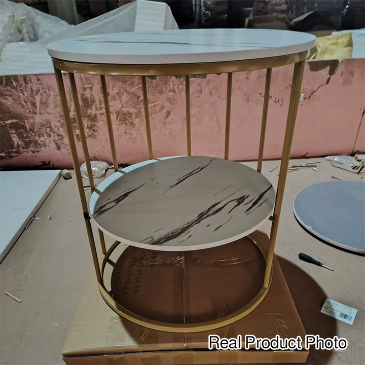 Mesa Auxiliar Redonda de Lujo Contemporáneo de MDF y Hierro de 2 Niveles para Sala de Estar 