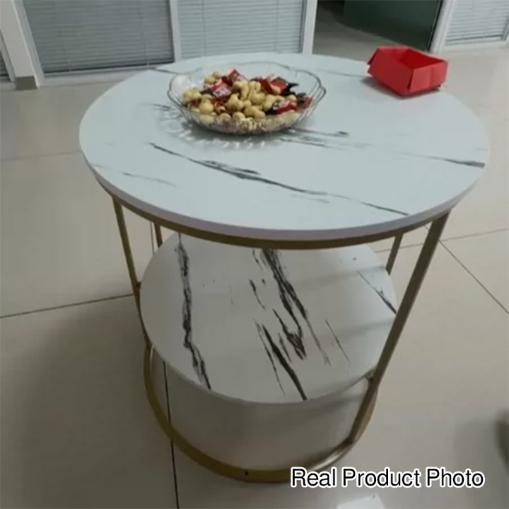 Mesa Auxiliar Redonda de Lujo Contemporáneo de MDF y Hierro de 2 Niveles para Sala de Estar 