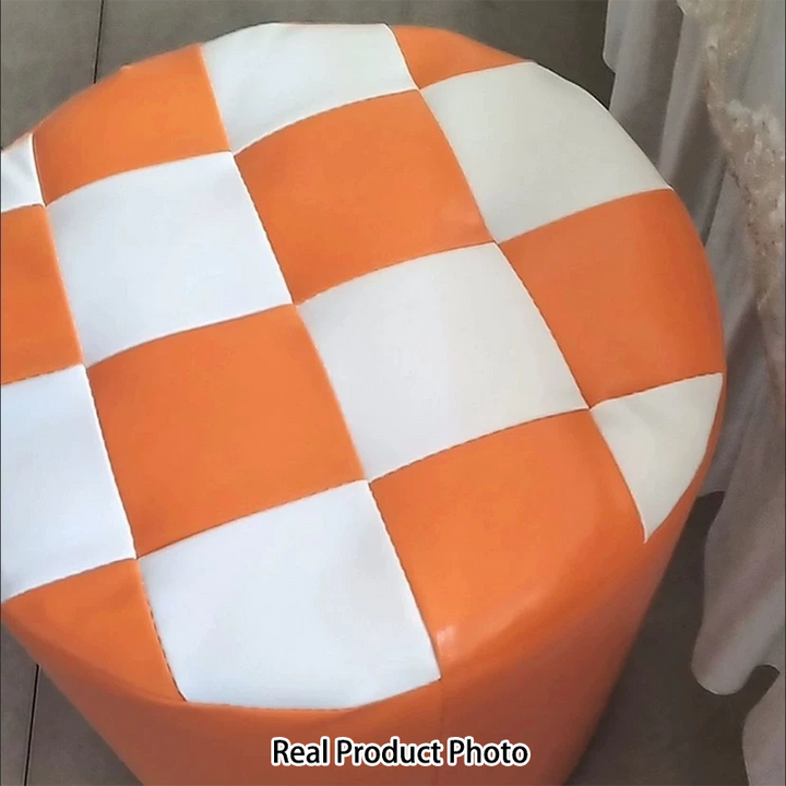 Modern Minimalist Plywood Faux Leather Checkerboard Cylinder Low Stool For Bedroom &amp; Living Room