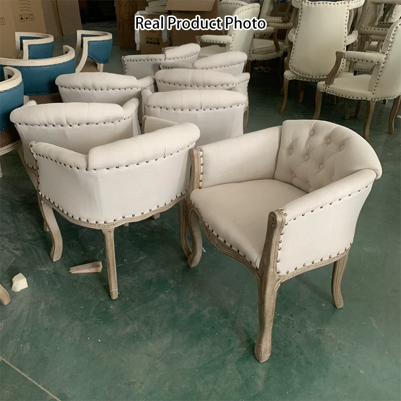 Silla de acento tradicional francesa de madera maciza y tela de lino tapizada con reposabrazos y respaldo para sala de estar 