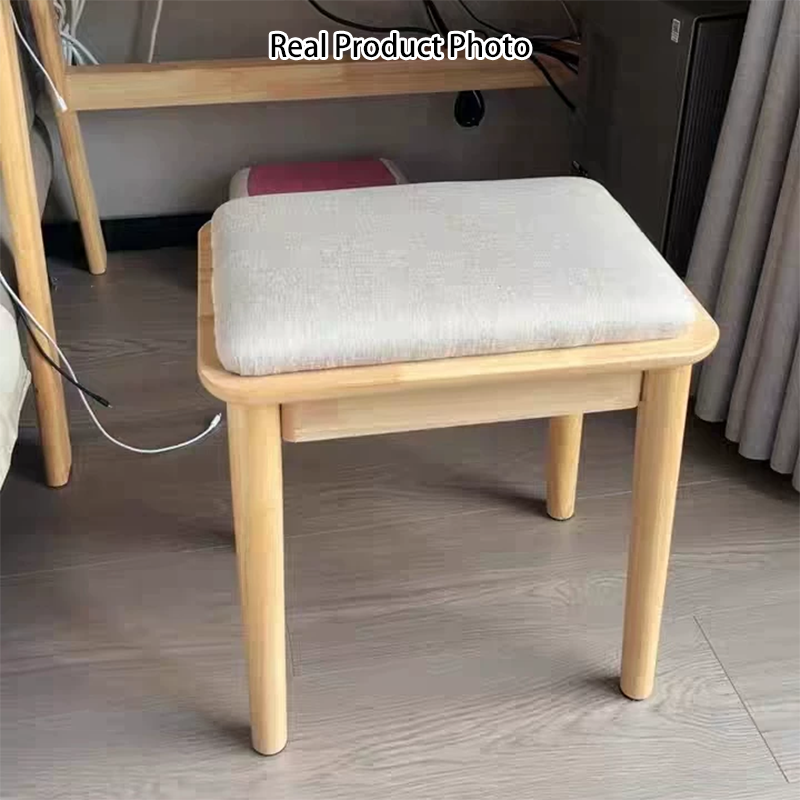 Modern Minimalist Rubberwood &amp; Cotton Linen Rectangular Vanity Stool With Upholstered Seat For Bedroom