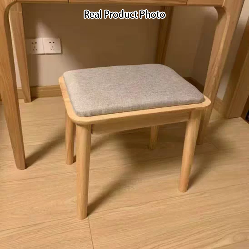 Modern Minimalist Rubberwood &amp; Cotton Linen Rectangular Vanity Stool With Upholstered Seat For Bedroom