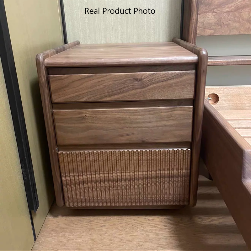 Traditional Vintage Walnut Rectangular Piano-Key Movable Nightstand 3-Drawers For Bedroom