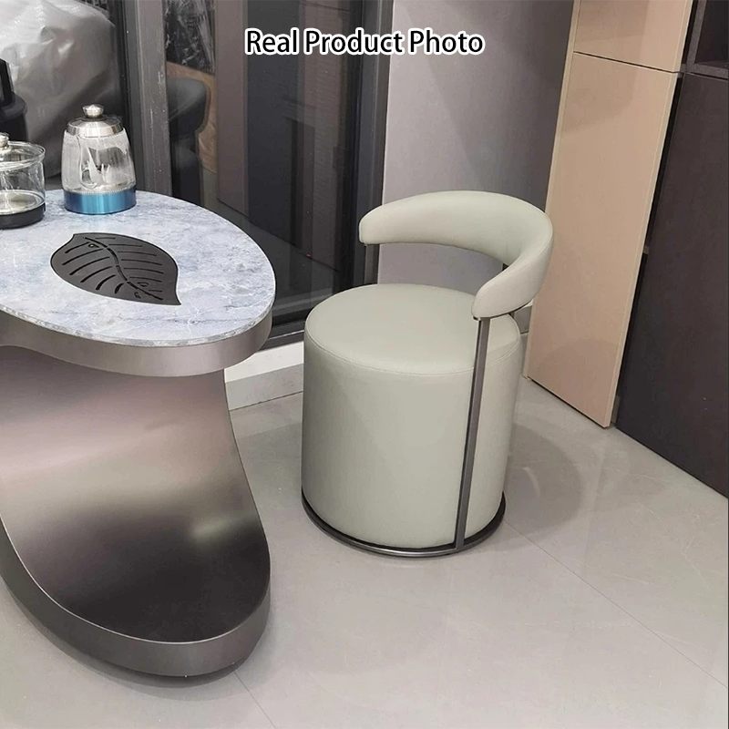 Taburete de tocador redondo con respaldo de esponja de acero inoxidable y cuero sintético de simplicidad moderna para dormitorio 